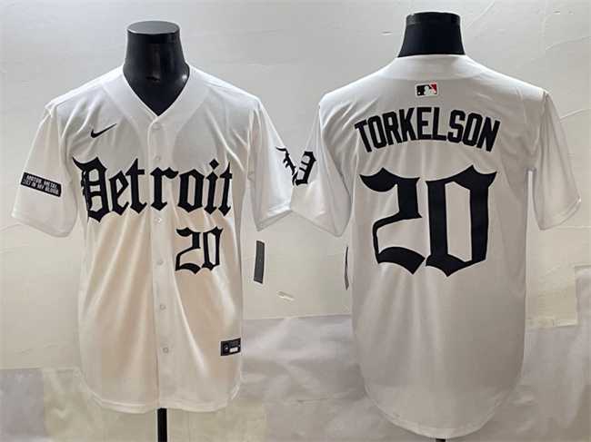Mens Detroit Tigers #20 Spencer Torkelson White Motor Gothic Edition Vapor Premier Limited Stitched Jersey